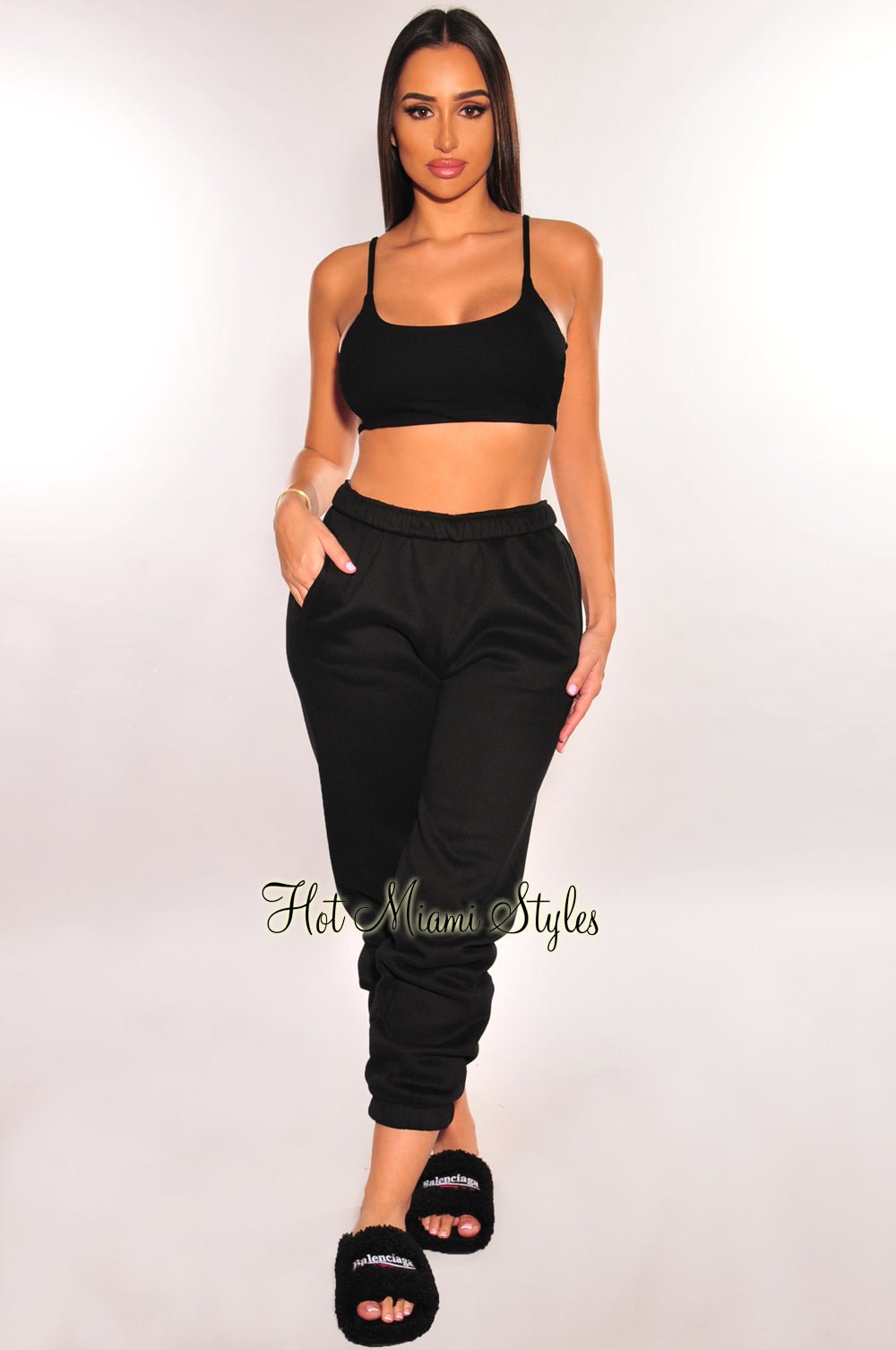 Black Strappy Cropped Top, Two Piece Sets
