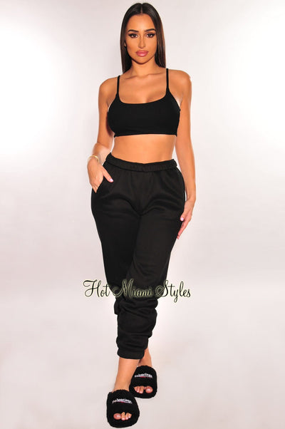 Black Ribbed Strappy Back Sweatpants Joggers Two Piece Set - Hot Miami Styles