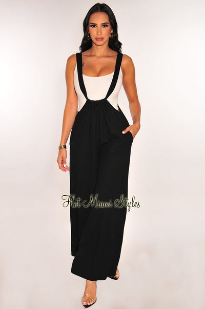 Black Ribbed Tie Up Drawstring Flare Suspender Overall Pants - Hot Miami Styles