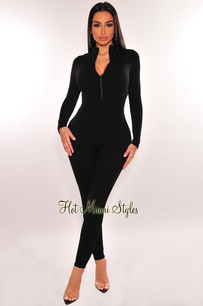 Black Ribbed Zipper Long Sleeve Jumpsuit - Hot Miami Styles