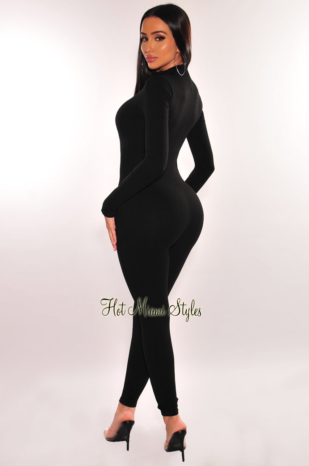 Black Ribbed Zipper Long Sleeve Jumpsuit – Hot Miami Styles