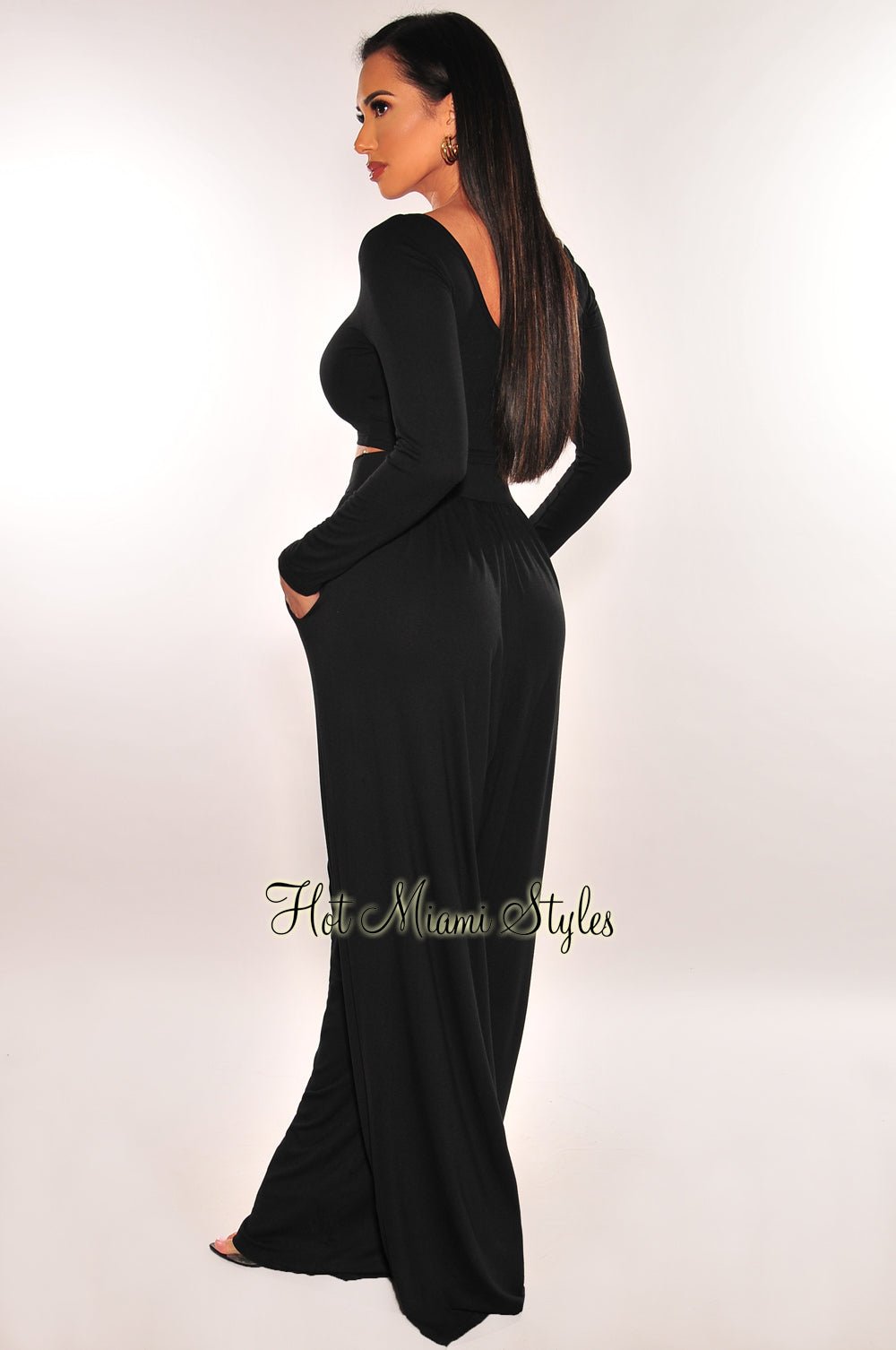 Black Round Neck Long Sleeve Palazzo Pant Two Piece Set - Hot