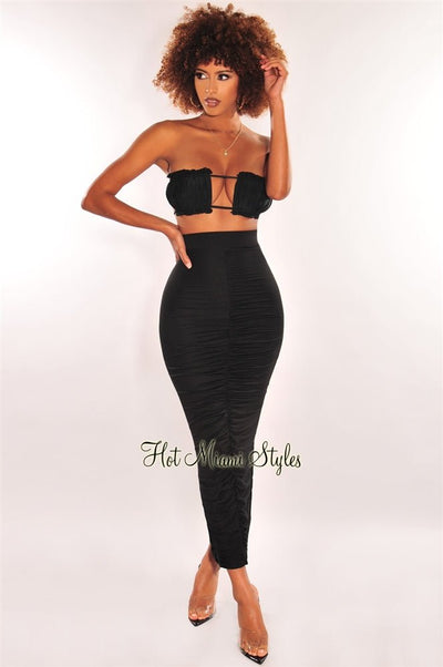 Black Ruched High Waist Maxi Skirt - Hot Miami Styles