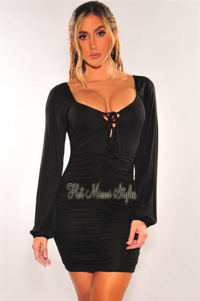 Black Ruched Lace Up Long Sleeve Dress - Hot Miami Styles