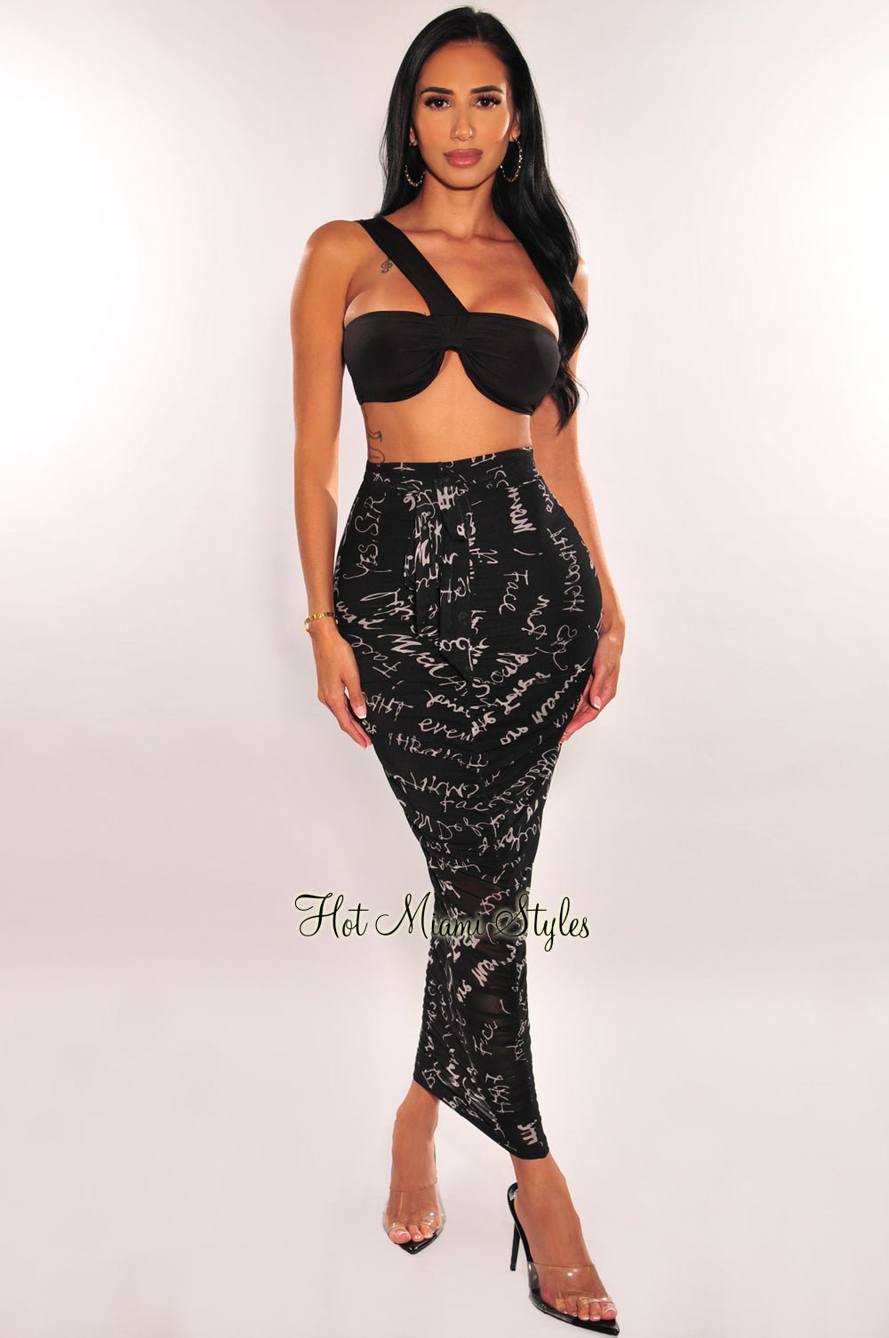 Black Script Print One Shoulder Ruched Midi Skirt Two Piece Set