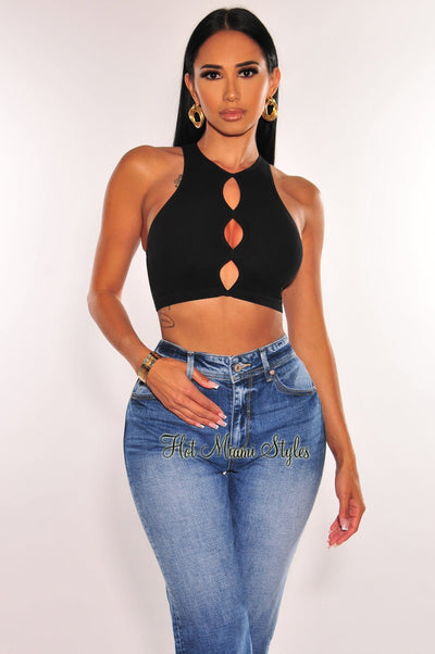 Black Seamless Ribbed Cut Out Sleeveless Crop Top - Hot Miami Styles