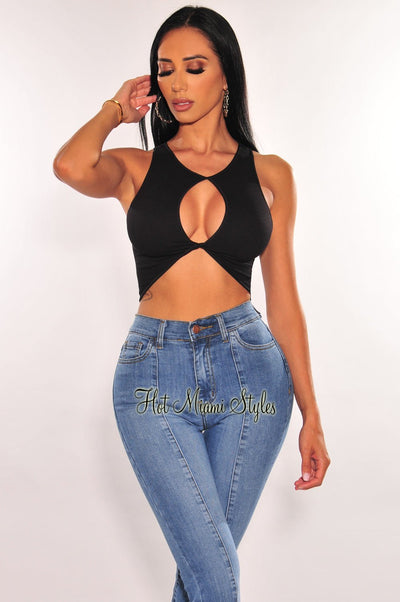 Black Seamless Ribbed Cut Out Twisted Sleeveless Crop Top - Hot Miami Styles