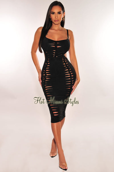 Black Seamless Spaghetti Strap Cut Out Back Lace Up Dress - Hot Miami Styles
