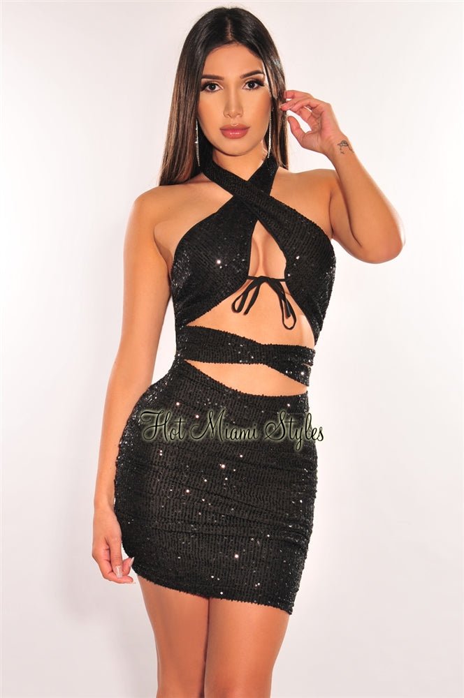 Black Sequins Halter CrissCross Cut Out Ruched Dress - Hot Miami Styles Black Sequins Halter CrissCross Cut Out Ruched Dress - Hot Miami Styles
