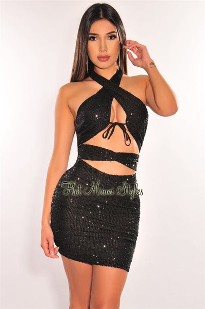 Black Sequins Halter CrissCross Cut Out Ruched Dress - Hot Miami Styles