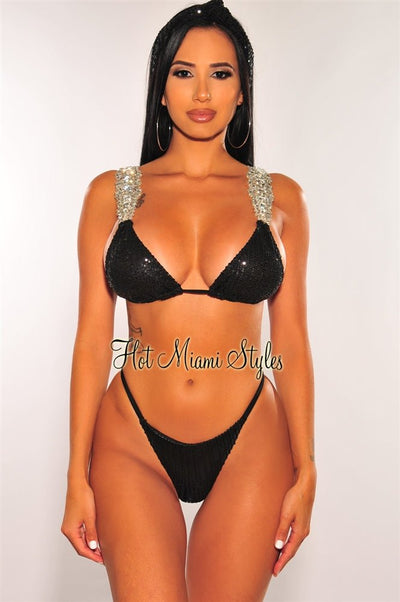 Black Sequins Jeweled Padded Scrunch Butt Bikini + Headband Bottom - Hot Miami Styles
