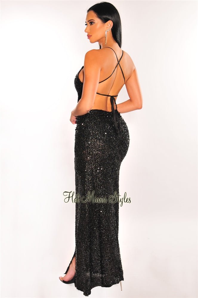 Black Sequins Lace Up Open Back Ruched Butt Slit Gown - Hot Miami Styles Small Black Sequins Lace Up Open Back Ruched Butt Slit Gown - Hot Miami Styles Small