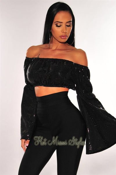 Black Sequins Off Shoulder Bell Sleeves Crop Top - Hot Miami Styles