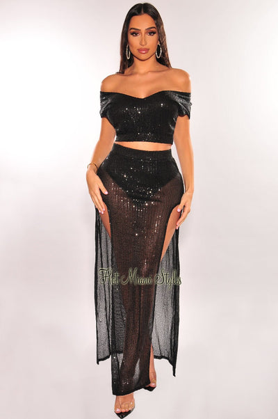 Black Sequins Sleeveless Double Slit Skirt Two Piece Set - Hot Miami Styles