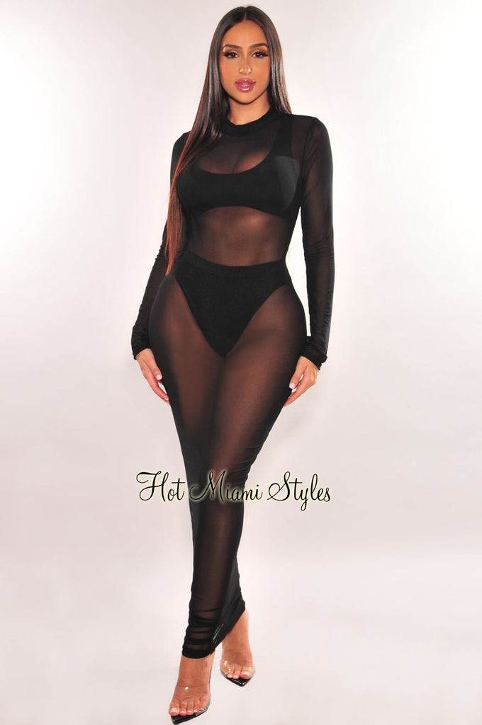 The Black Stand Collar Sheer Slit Mini Dress - Slit Long Sleeve Sheer A  line Mini Dress - Black - Dresses | RIHOAS