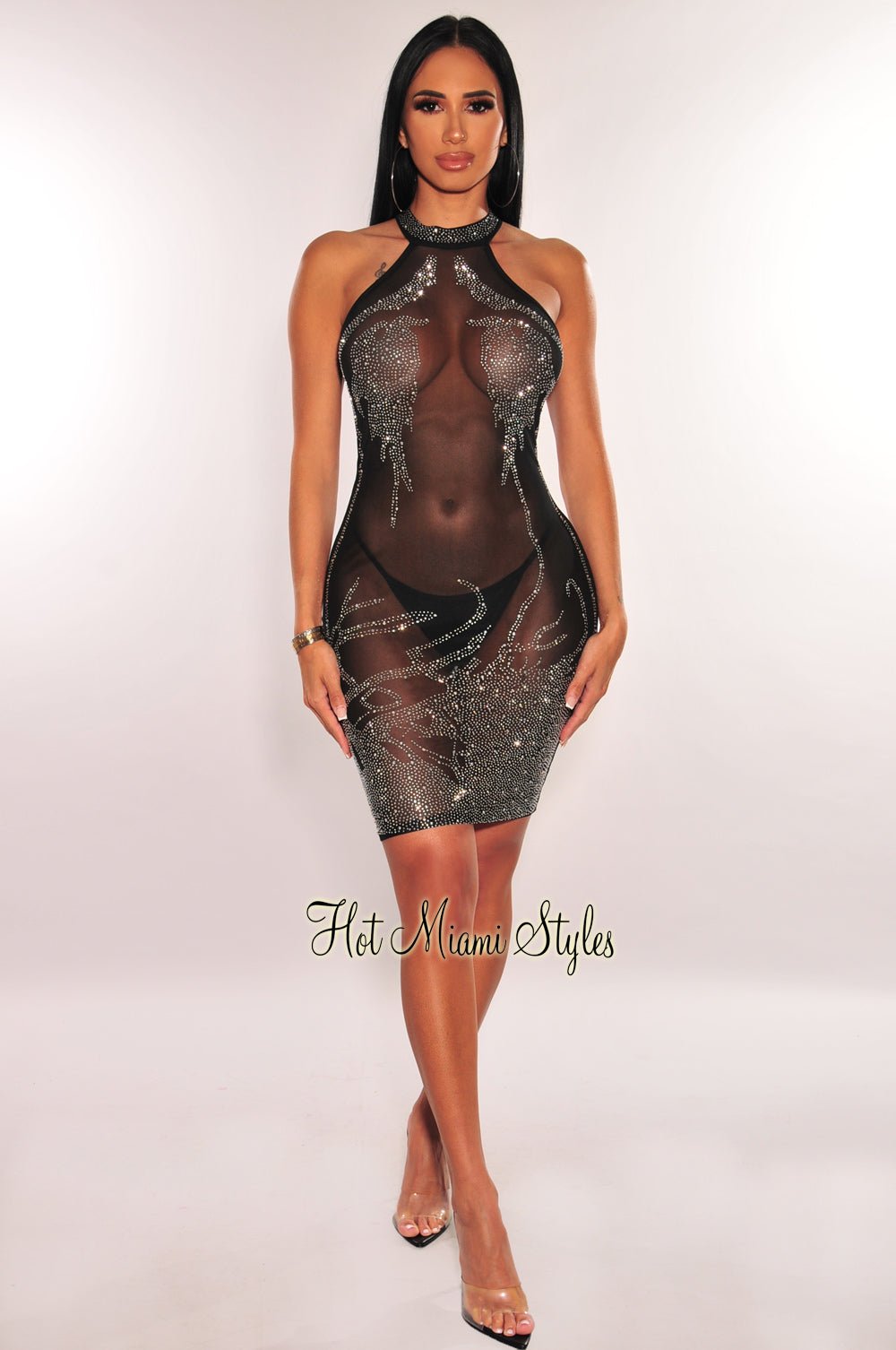 Black Sheer Mesh Rhinestone Halter Mini Dress – Hot Miami Styles