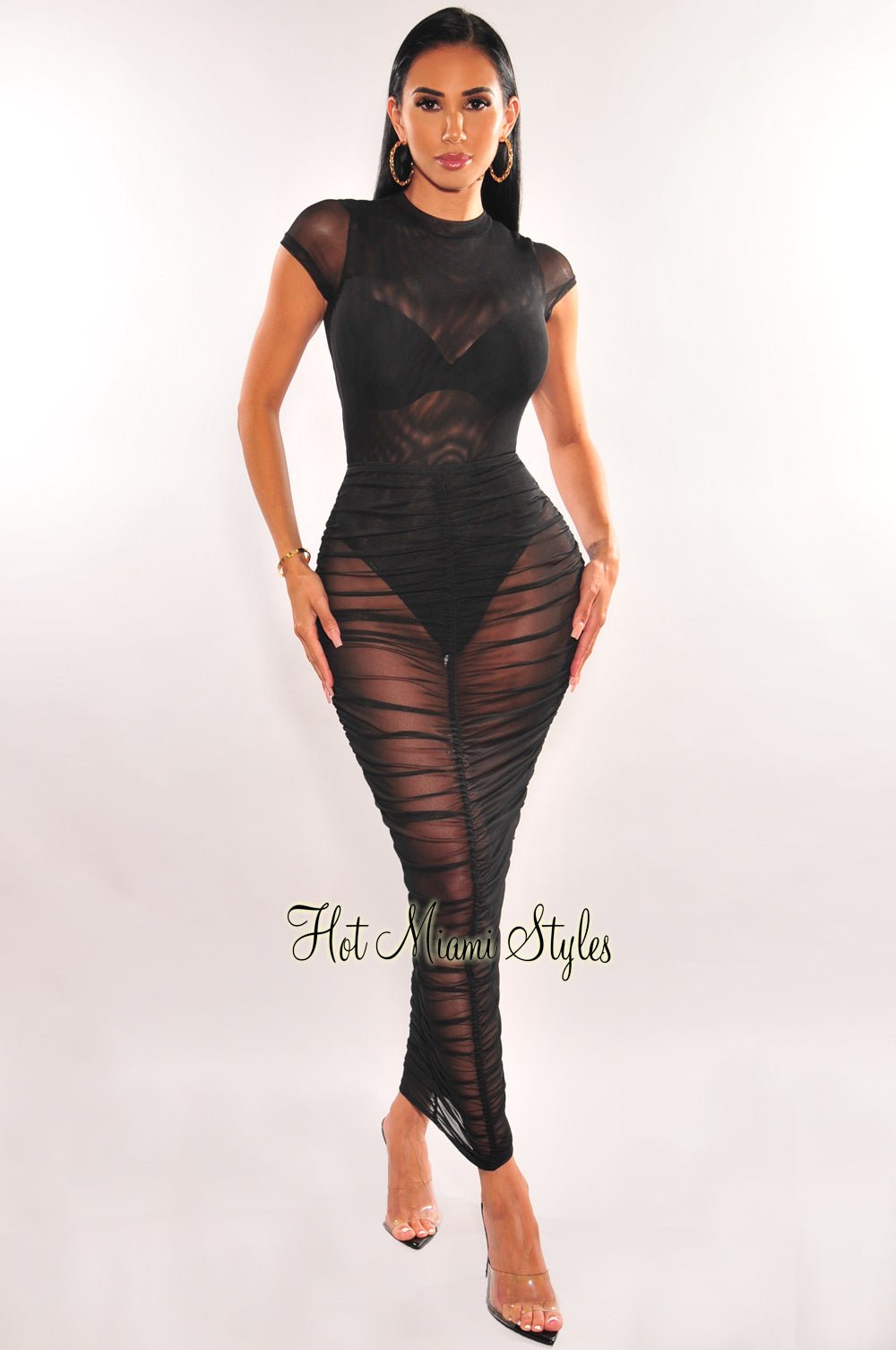 Black Sheer Mesh Short Sleeve Bodysuit Ruched Skirt Two Piece Set
