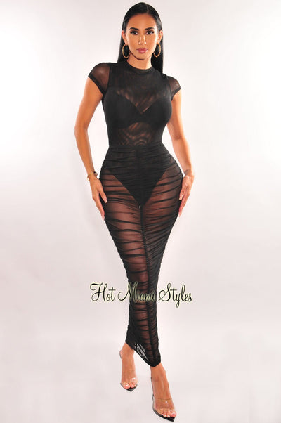 Black Sheer Mesh Short Sleeve Bodysuit Ruched Skirt Two Piece Set - Hot Miami Styles