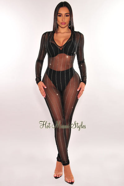 Black Sheer Mesh Silver Rhinestone Long Sleeves Jumpsuit - Hot Miami Styles