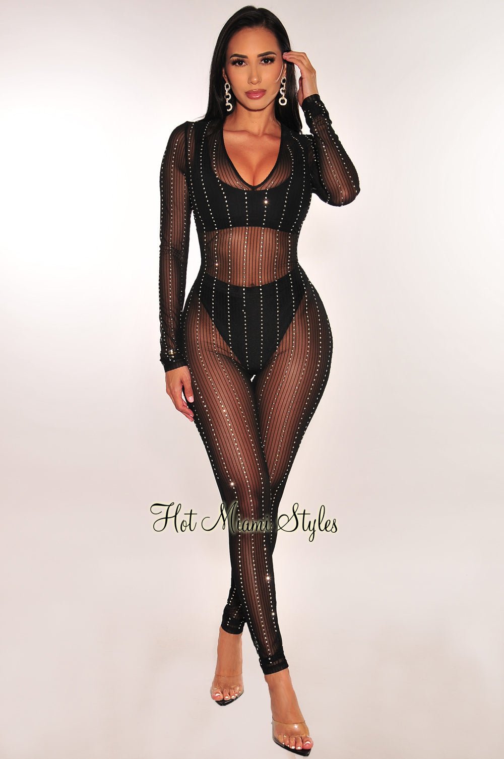 Black Sheer Mesh Silver Rhinestone Long Sleeves Jumpsuit – Hot