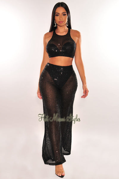 Black Sheer Sequins Halter Pants Two Piece Set - Hot Miami Styles