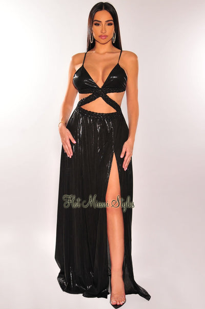 Black Shimmery Spaghetti Straps Braided Cut Out Slit Maxi Dress - Hot Miami Styles