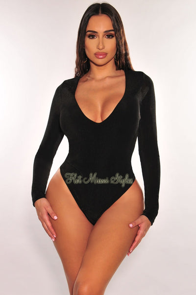 Black Shimmery V Neck Long Sleeve Bodysuit - Hot Miami Styles