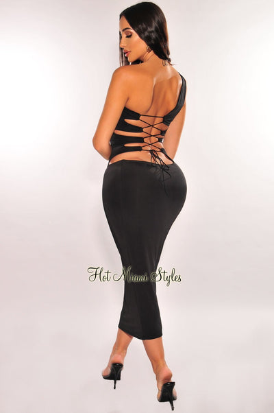 Black Silky One Shoulder Laced Up Back Dress - Hot Miami Styles