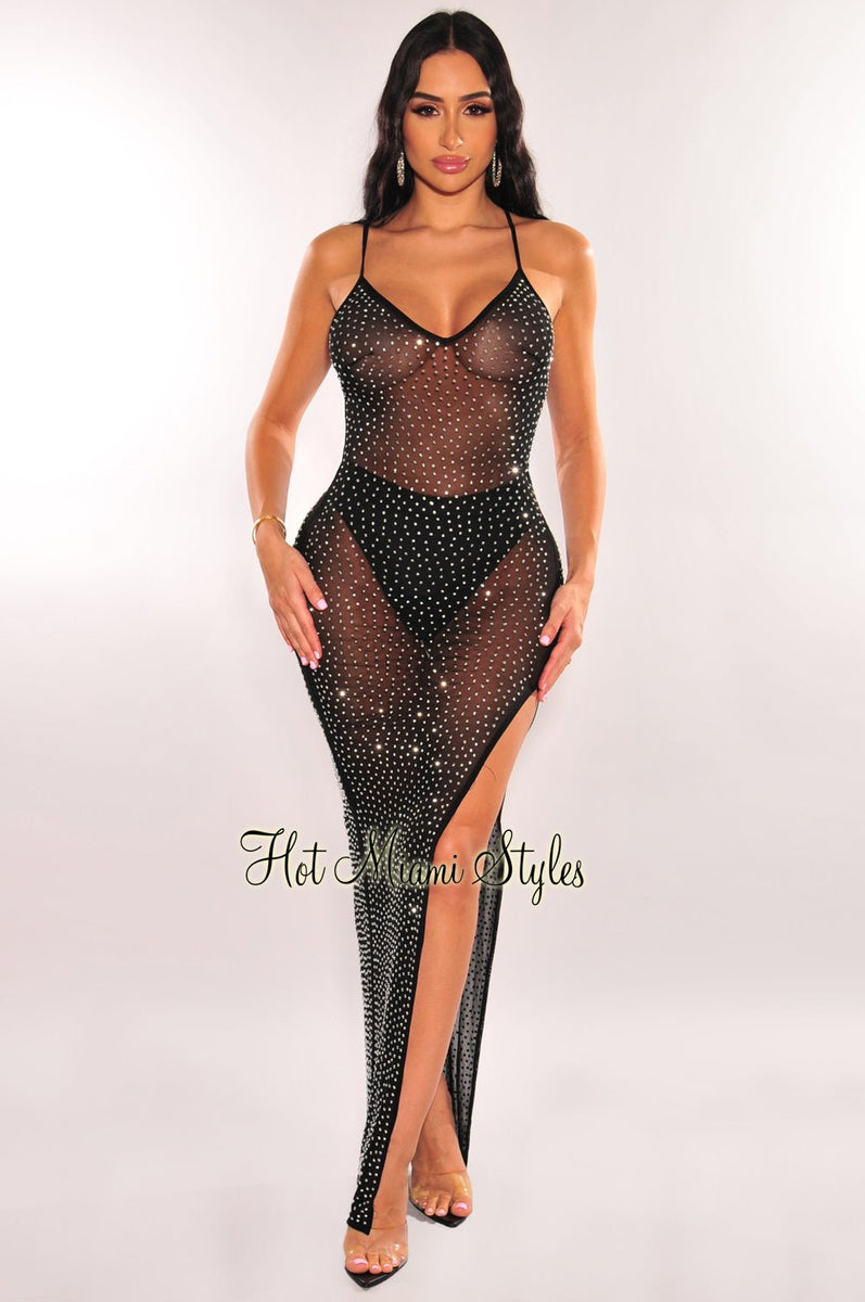 Black Silver Rhinestone Sheer Spaghetti Strap Slit Maxi Dress Hot Miami Styles Black Silver Rhinestone Sheer Spaghetti Strap Slit Maxi Dress Hot Miami Styles