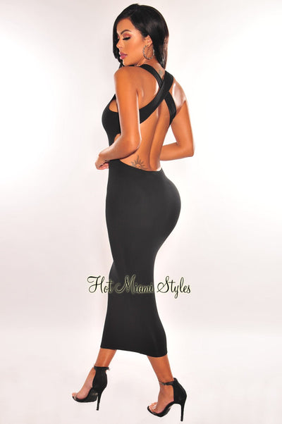 Black Sleeveless CrissCross Back Midi Dress - Hot Miami Styles