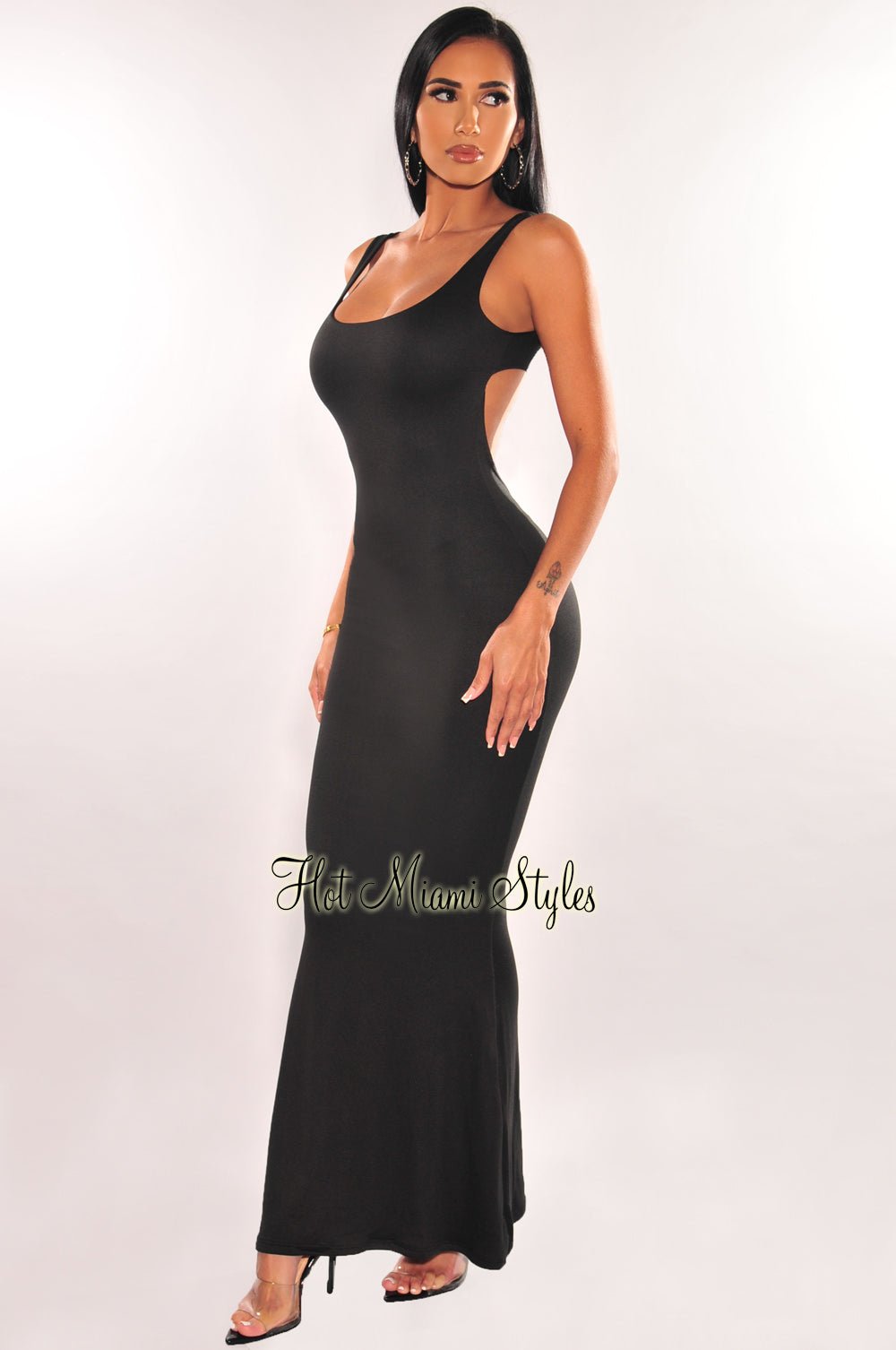 Black Sleeveless Lace Up Sides Double Slit Maxi Dress - Hot Miami