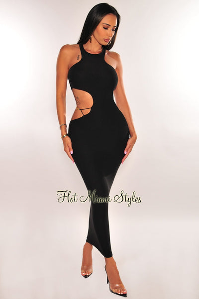 Black Sleeveless Gold Chain Cut Out Midi Dress - Hot Miami Styles
