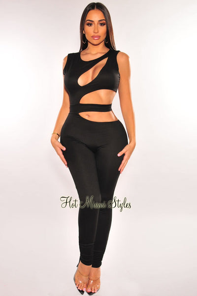 Black Sleeveless Keyhole Cut Out Jumpsuit - Hot Miami Styles