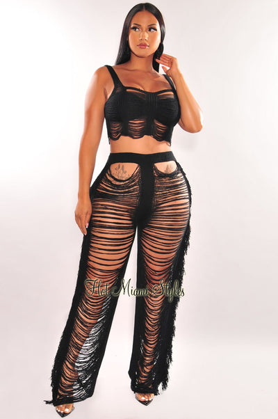 Black Sleeveless Ladder Cut Fringe Pants Two Piece Set - Hot Miami Styles