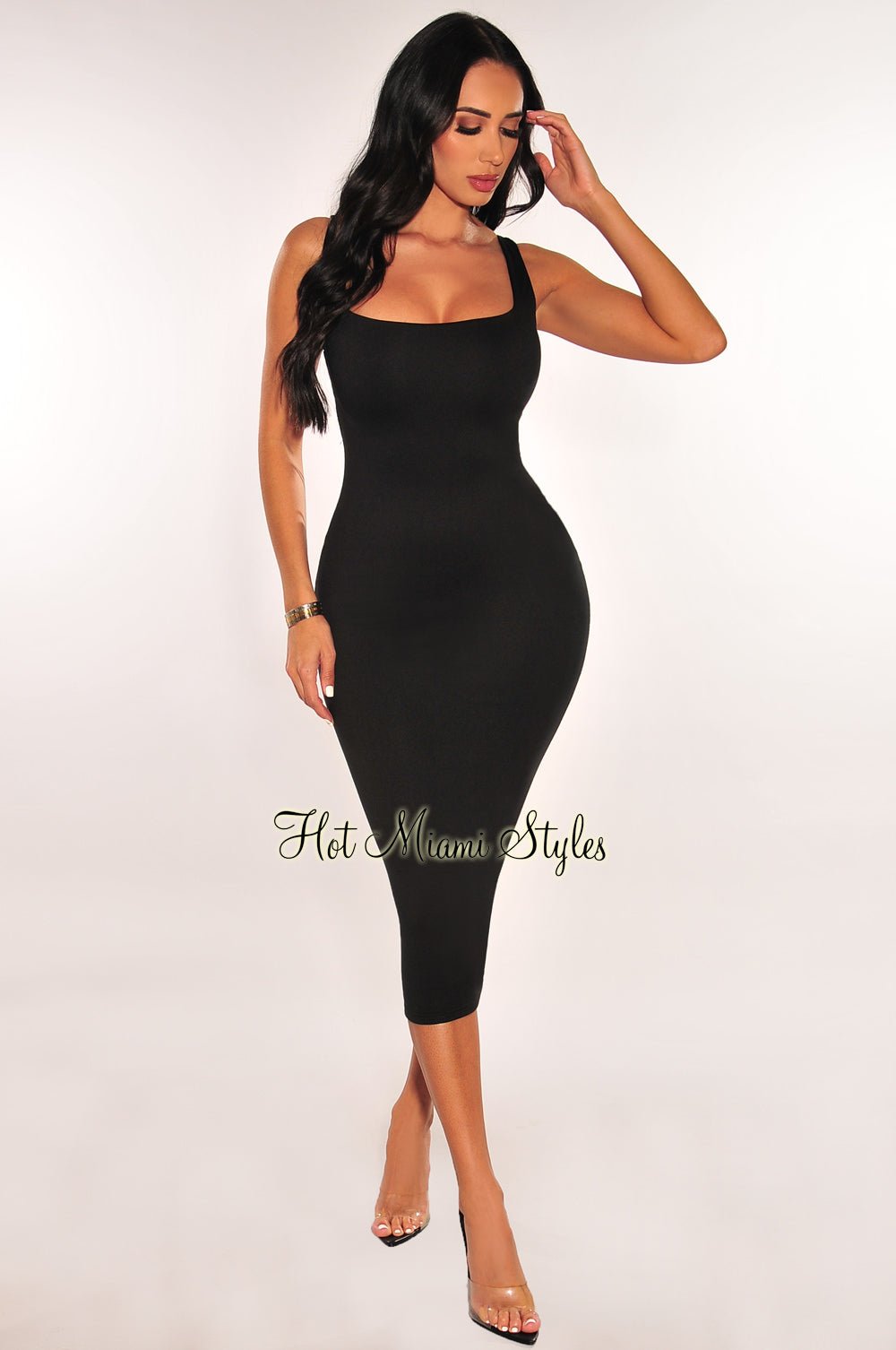 Square neck black shops midi dress