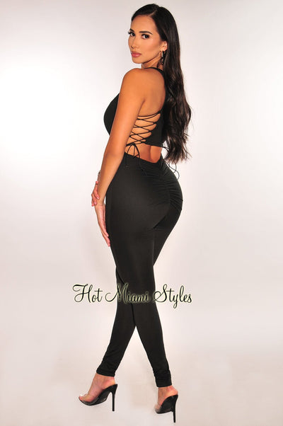 Black Sleeveless Square Neck Lace Up Ruched Jumpsuit - Hot Miami Styles
