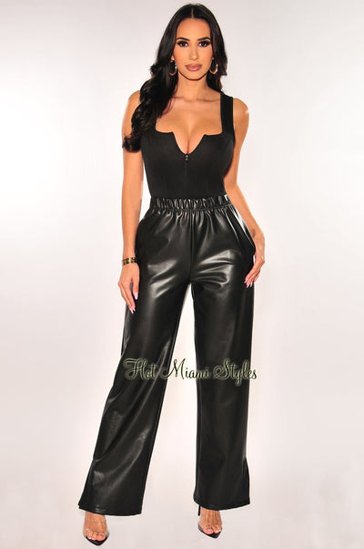 Black Sleeveless Zipper Bodysuit Faux Leather Palazzo Pants Two Piece - Hot Miami Styles