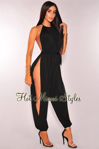 Black Slit Leg Harem Jumpsuit - Hot Miami Styles