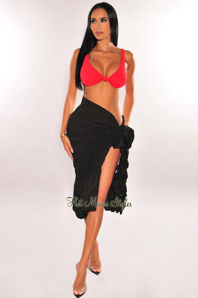 Black Smocked Tie Up Ruffle Skirt Cover Up - Hot Miami Styles