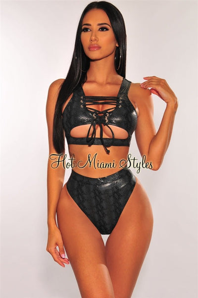 Black Snake Lace Up Underboob High Waist Bikini - Hot Miami Styles