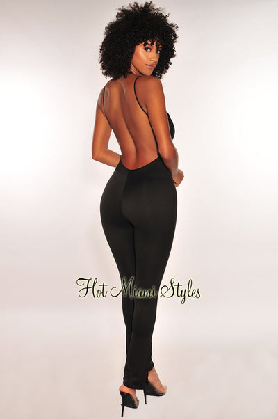 Black Spaghetti Strap V Neck Open Back Slit Jumpsuit - Hot Miami Styles