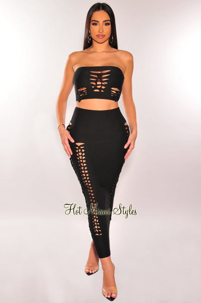 Black Strapless Cut Out Lace Up Midi Skirt Two Piece Set - Hot Miami Styles