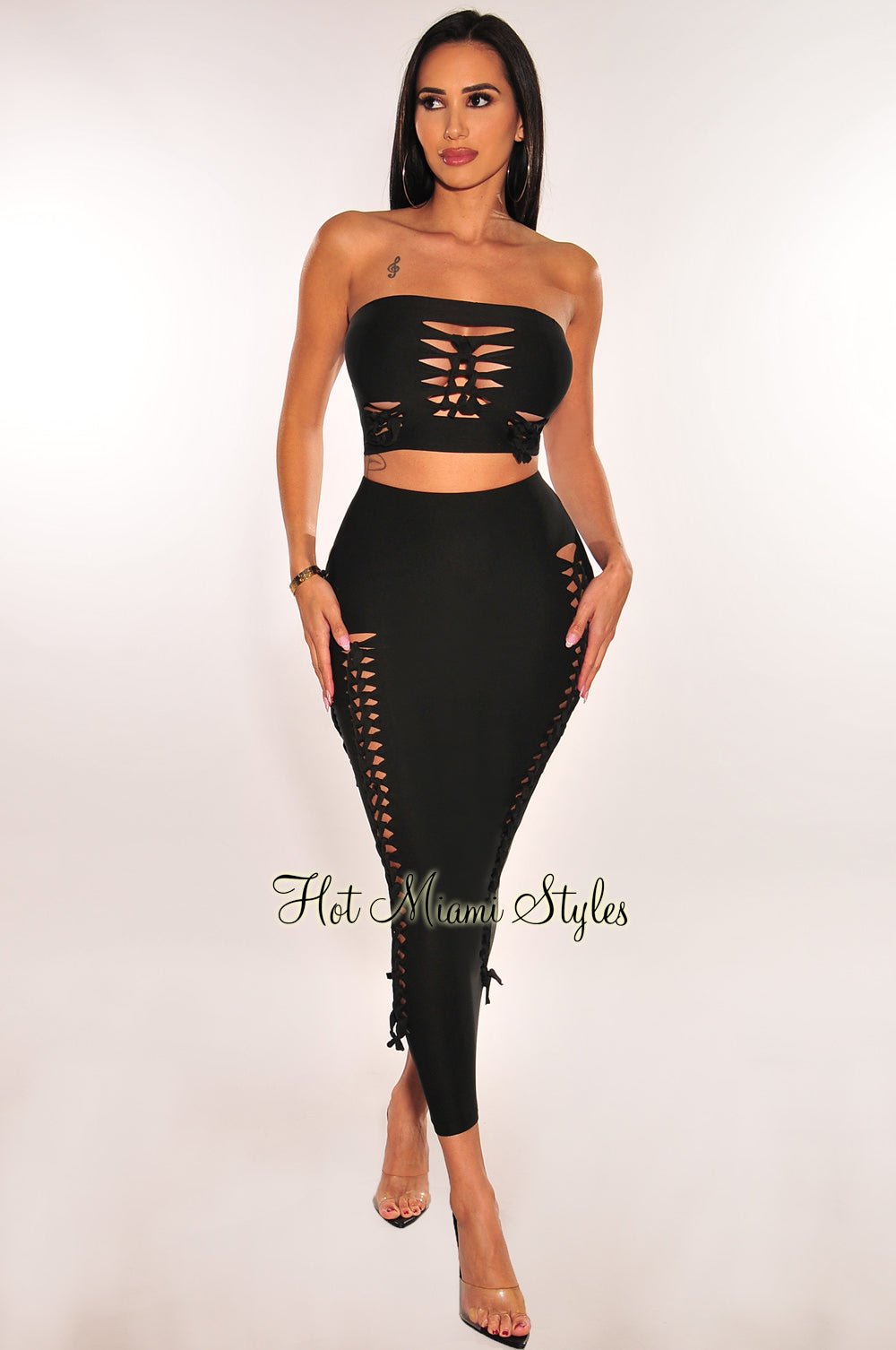 Black Strapless Cut Out Lace Up Midi Skirt Two Piece Set – Hot Miami Styles