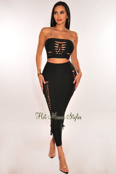 Black Strapless Cut Out Lace Up Midi Skirt Two Piece Set - Hot Miami Styles
