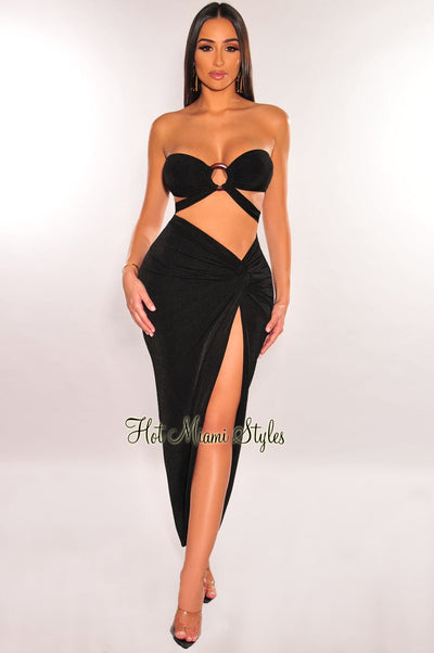 Black Strapless O-Ring Wrap Around Knotted Slit Skirt Two Piece Set - Hot Miami Styles