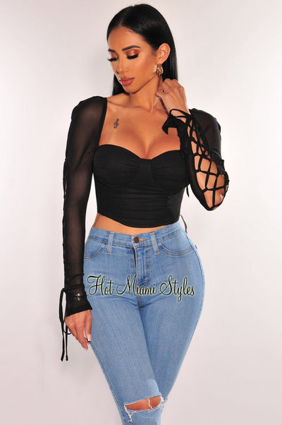 Black Sweetheart Padded Mesh Lace Up Long Sleeves Crop Top - Hot Miami Styles