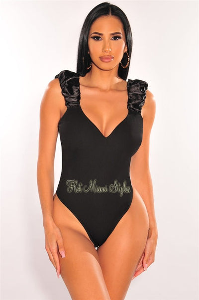 Black Sweetheart Satin Ruched Straps Sleeveless Bodysuit - Hot Miami Styles