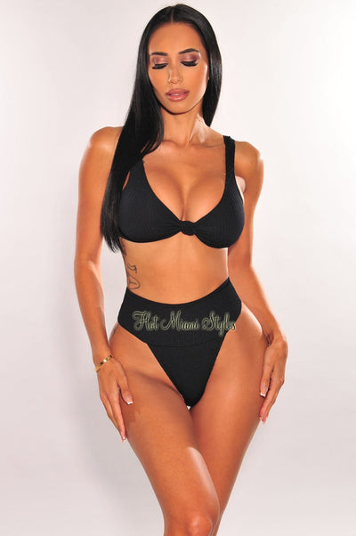 Black Textured Knotted High Rise Bikini Bottom - Hot Miami Styles