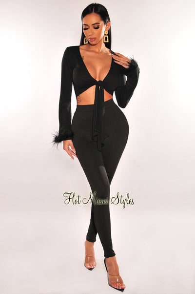 Black Tie Up Long Sleeve Feather Pants Two Piece Set - Hot Miami Styles