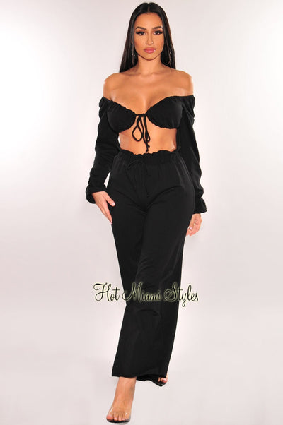 Black Tie Up Long Sleeve High Waist Palazzo Two Piece Set - Hot Miami Styles